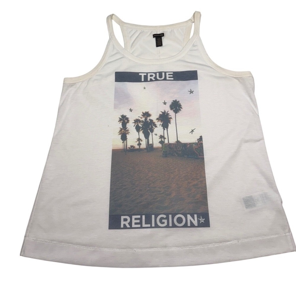 True Religion White Tank‎ Top Palm Tree Graphic Racerback Beach Sunset Large